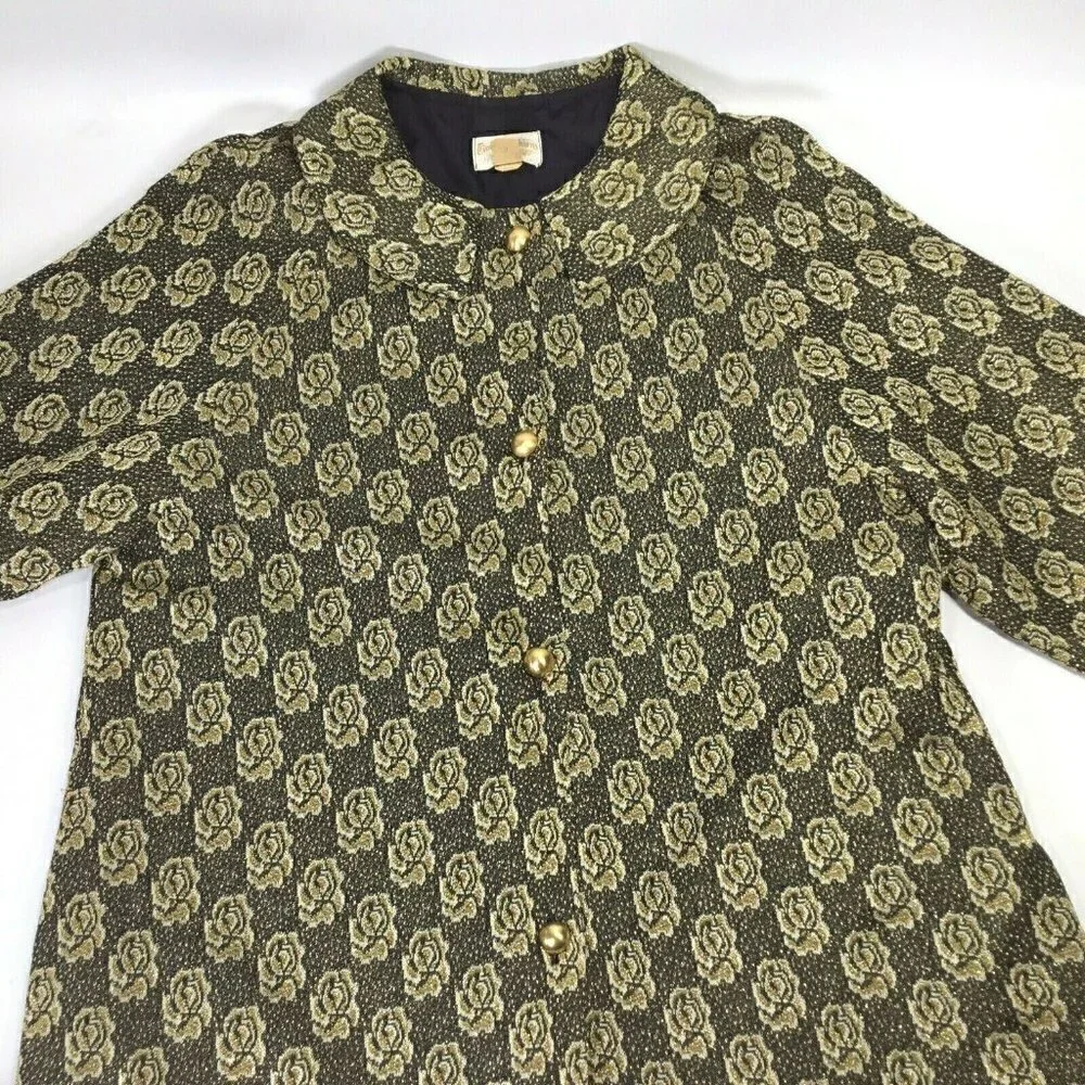 Vtg Dressing Gown Timely Fashions Womens Sz 14 Kimono Robe Gold Black 3/4 Sleeve